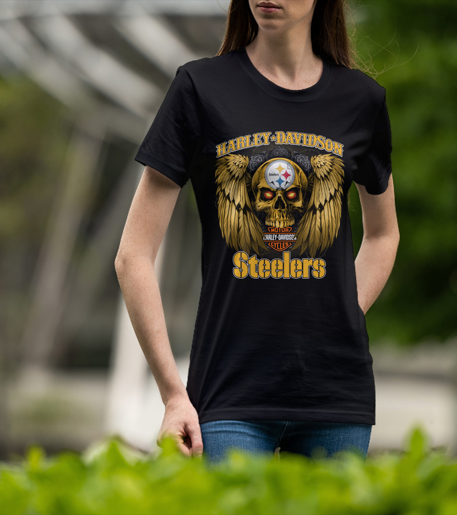 Harley Davidson Steelers Skull With Wings T-Shirt