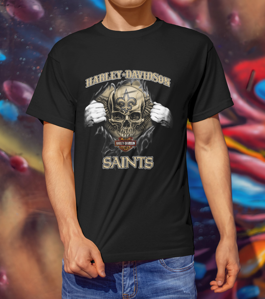 Harley Davidson Skull New Orleans Saints Nfl Major Cycles T-Shirt