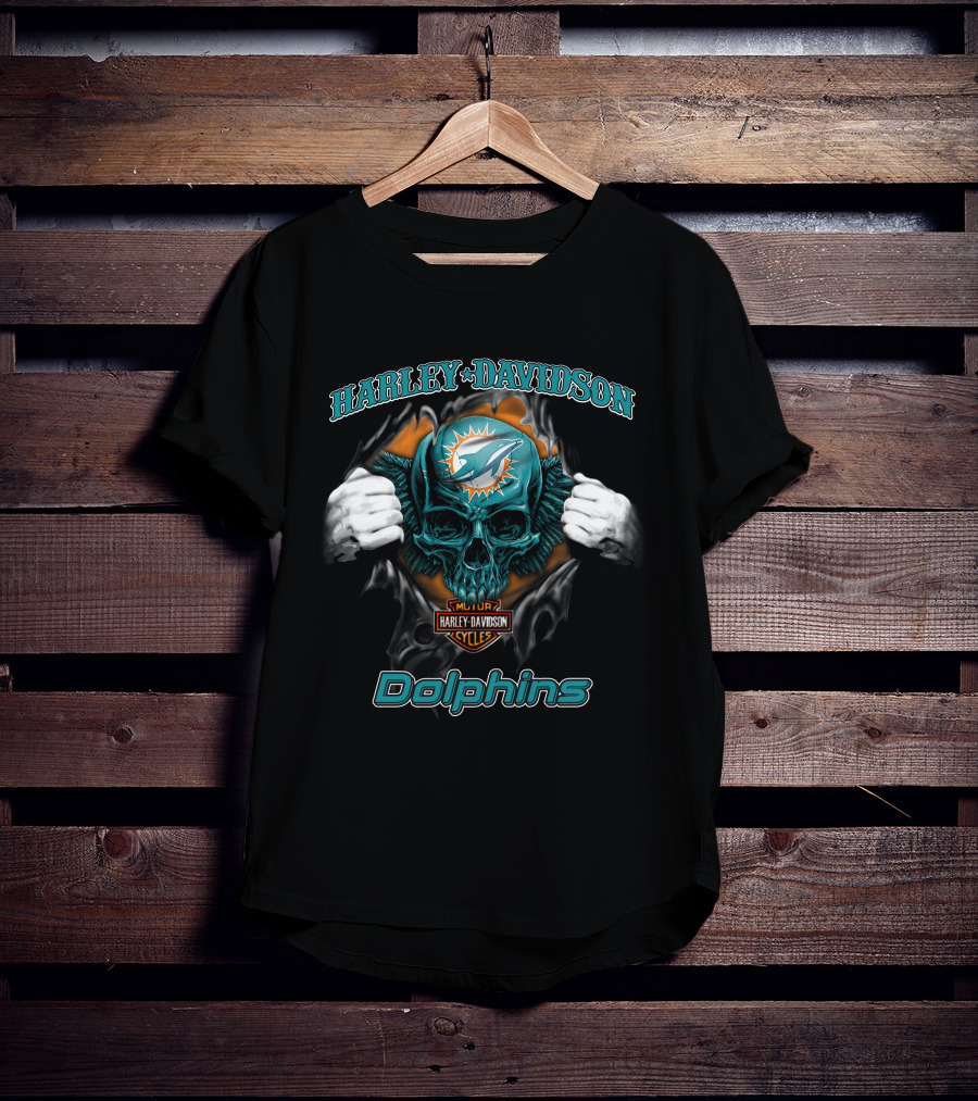Harley Davidson Miami Dolphins Skull Nfl Cycles T-Shirt