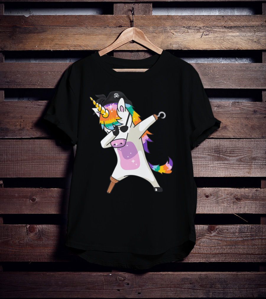 Dabbing Unicorn Pirate With Rainbow Mane Wearing Eyepatch And Pirate Hat T-Shirt