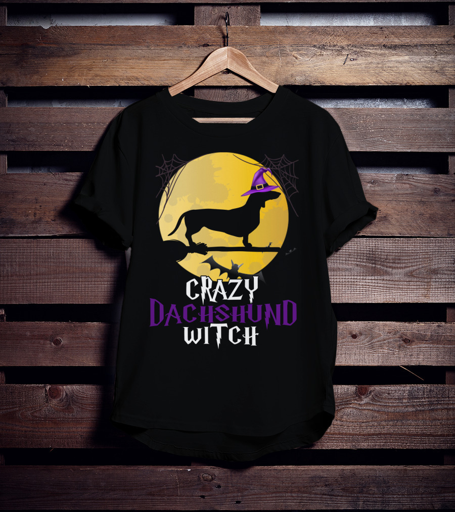 Crazy Dachshund Witch Dog Halloween Moon Silhouette With Broomstick And Purple Hat T-Shirt