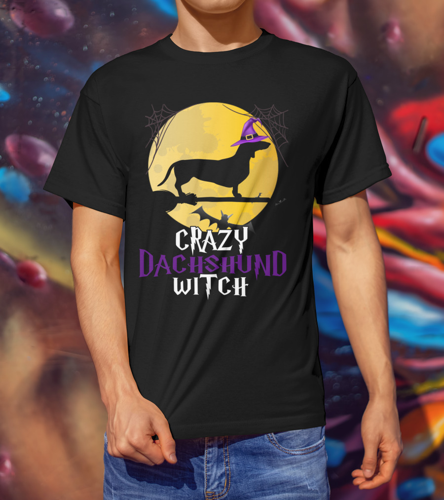 Crazy Dachshund Witch Dog Halloween Moon Silhouette With Broomstick And Purple Hat T-Shirt