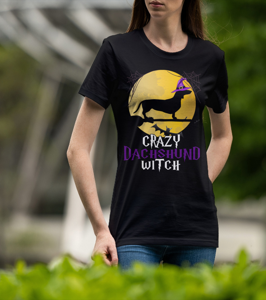 Crazy Dachshund Witch Dog Halloween Moon Silhouette With Broomstick And Purple Hat T-Shirt
