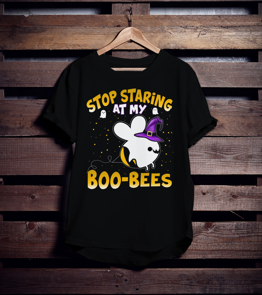 Stop Staring At My Boo Bees Halloween Ghost Bees With Witch Hat And Yellow Dots T-Shirt