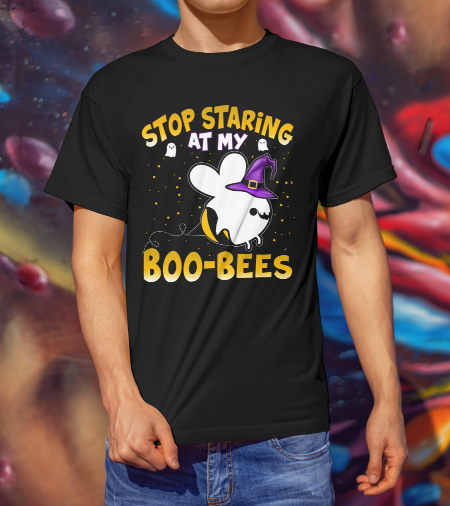 Stop Staring At My Boo Bees Halloween Ghost Bees With Witch Hat And Yellow Dots T-Shirt