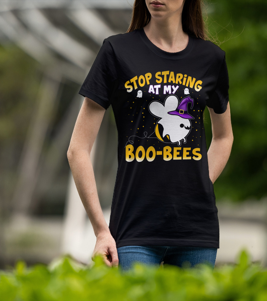 Stop Staring At My Boo Bees Halloween Ghost Bees With Witch Hat And Yellow Dots T-Shirt