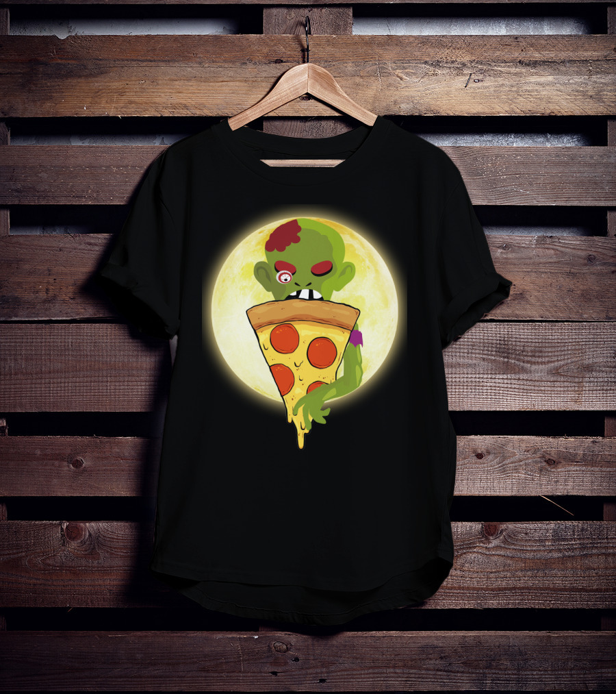 Zombie Eating Pepperoni Pizza Under Full Moon T-Shirt