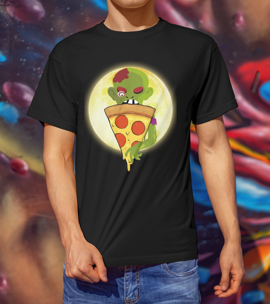 Zombie Eating Pepperoni Pizza Under Full Moon T-Shirt