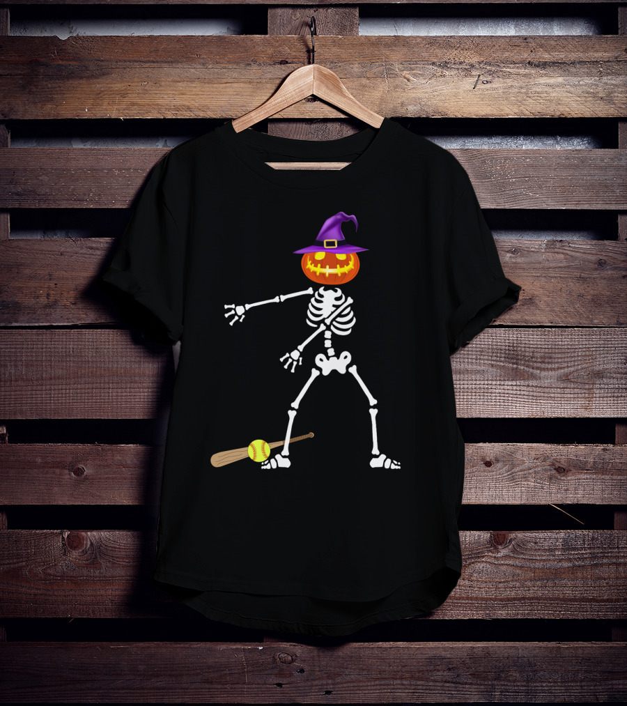 Skeleton Pumpkin Witch Performing Floss Dance With Softball Bat T-Shirt