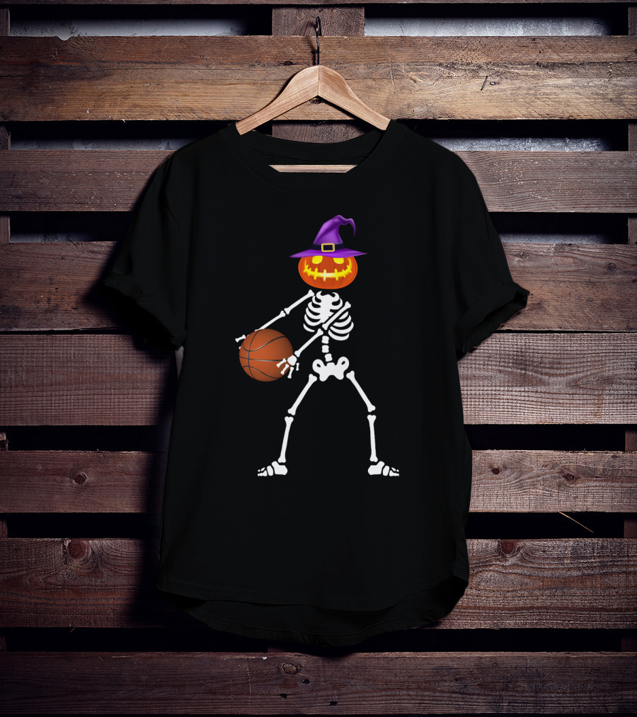 Skeleton Pumpkin Witch Basketball Flossing Dance Halloween Costume T-Shirt