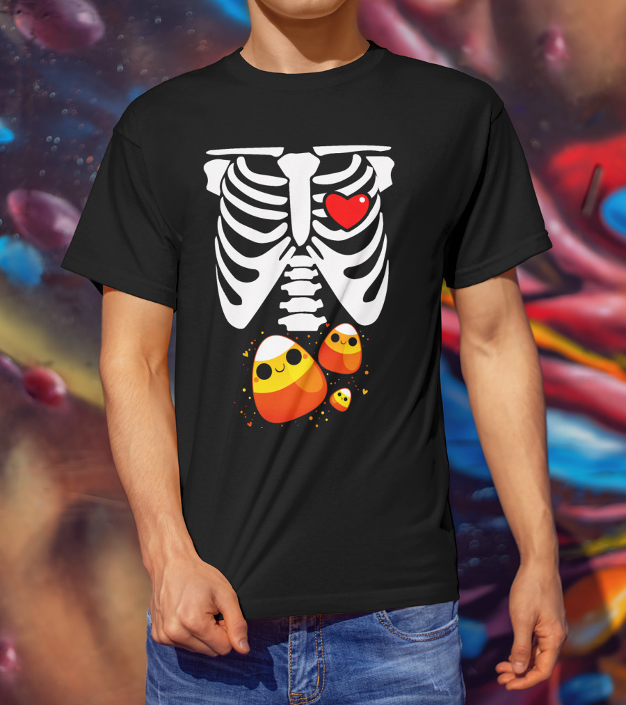 Skeleton Ribs Heart With Cute Candy Corn Halloween Food T-Shirt