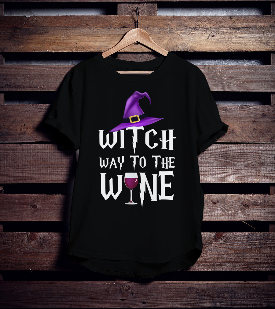 Purple Witch Hat And Wine Glass With Witch Way To The Wine Text In Lightning Font T-Shirt