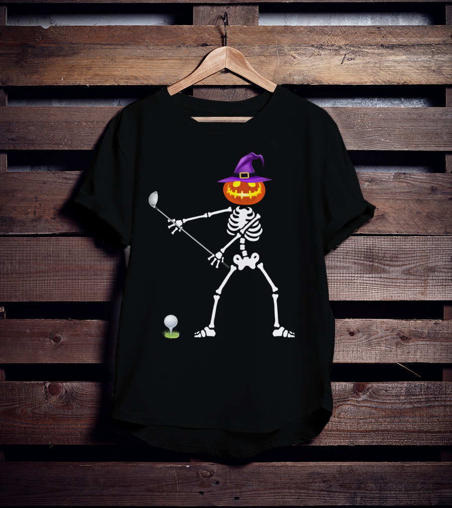 Golf Skeleton With Witch Pumpkin Head Halloween Lazy T-Shirt