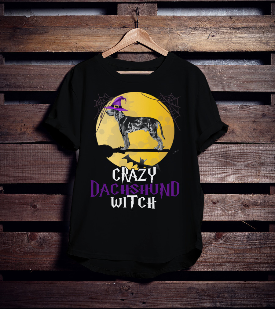 Crazy Dachshund Witch Dog With Purple Hat And Broom Halloween T-Shirt