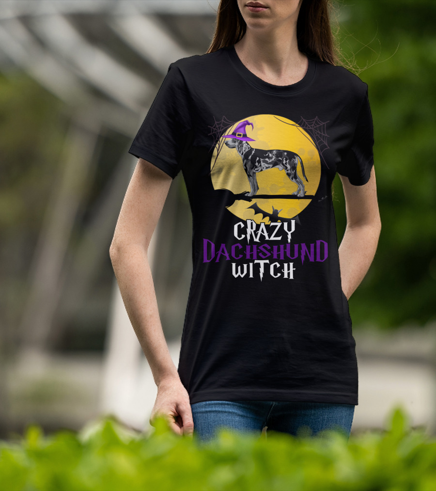 Crazy Dachshund Witch Dog With Purple Hat And Broom Halloween T-Shirt
