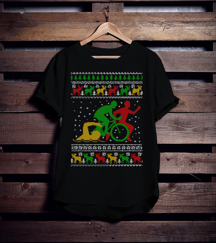 Merry Christmas Triathlon Ugly Sweater Swim Bike Run Festive Reindeer Holiday T-Shirt