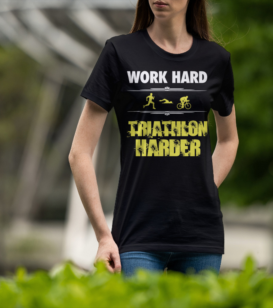 Work Hard Triathlon Harder Running Swimming Cycling Icons T-Shirt