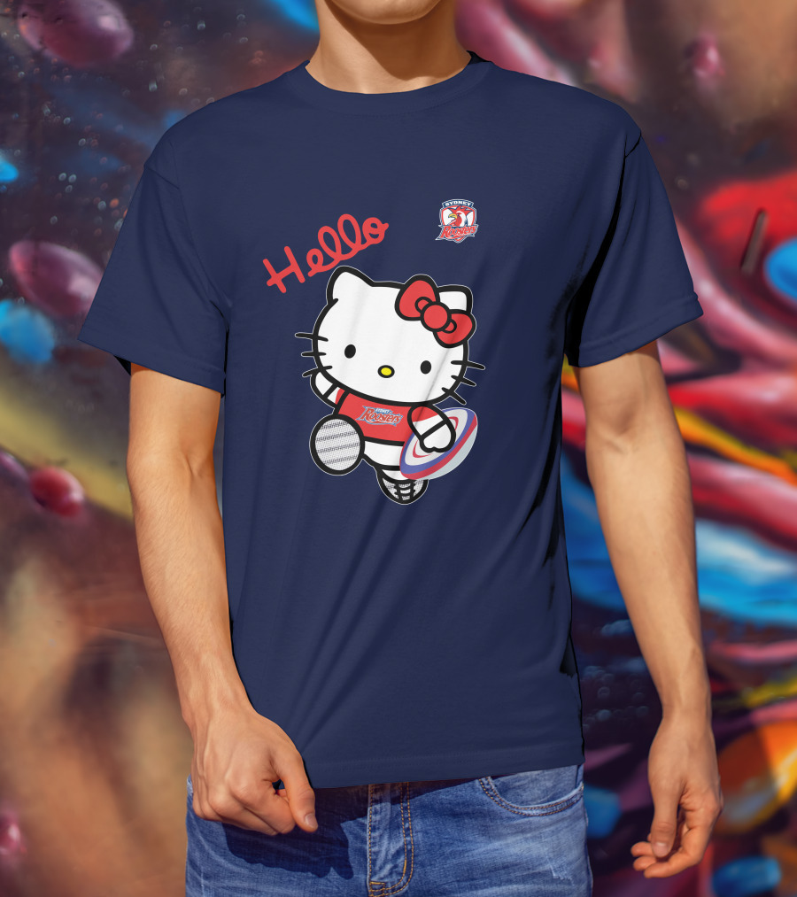 Hello Kitty Sydney Roosters NRL001 Red Bow Rugby Character T-Shirt
