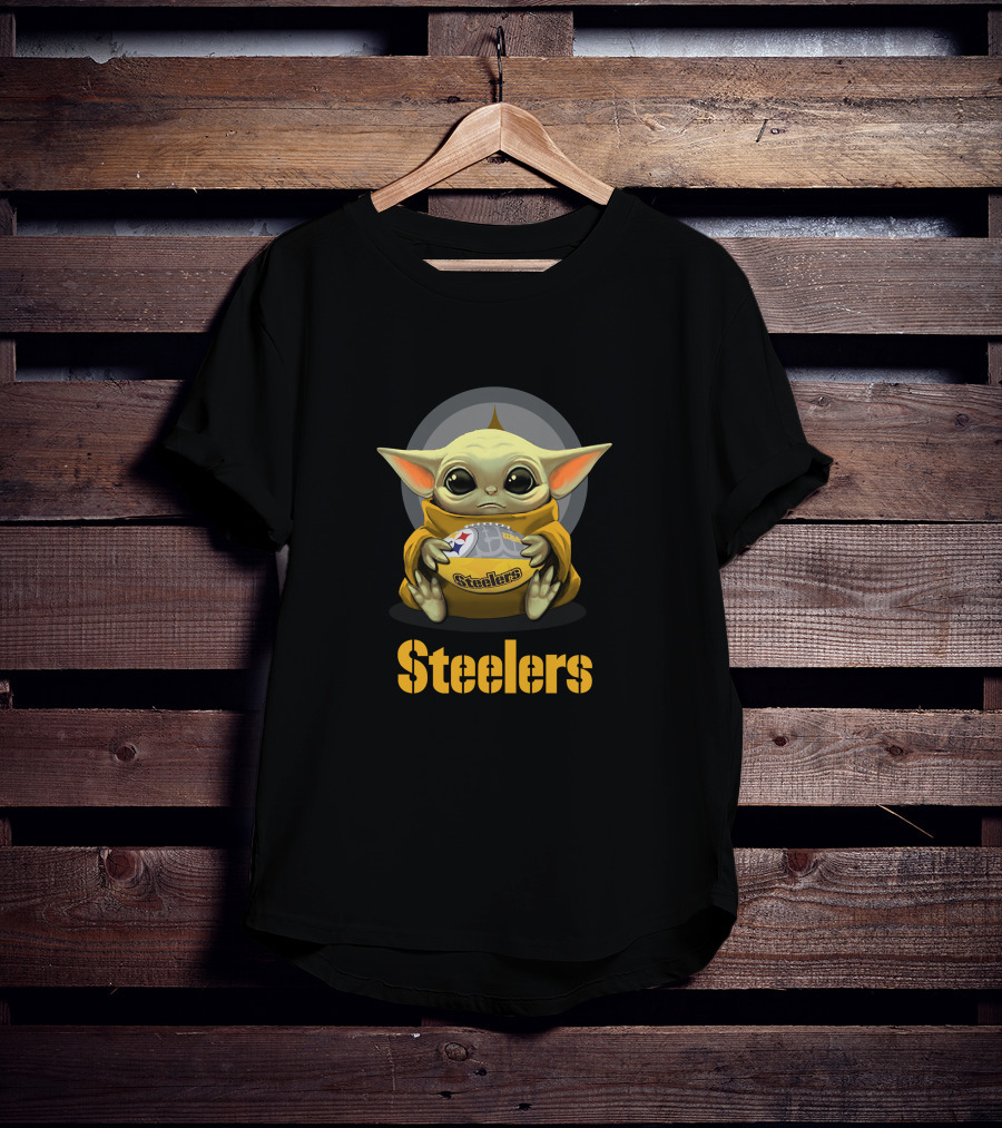 Steelers Baby Yoda With Football And Pittsburgh T-Shirt