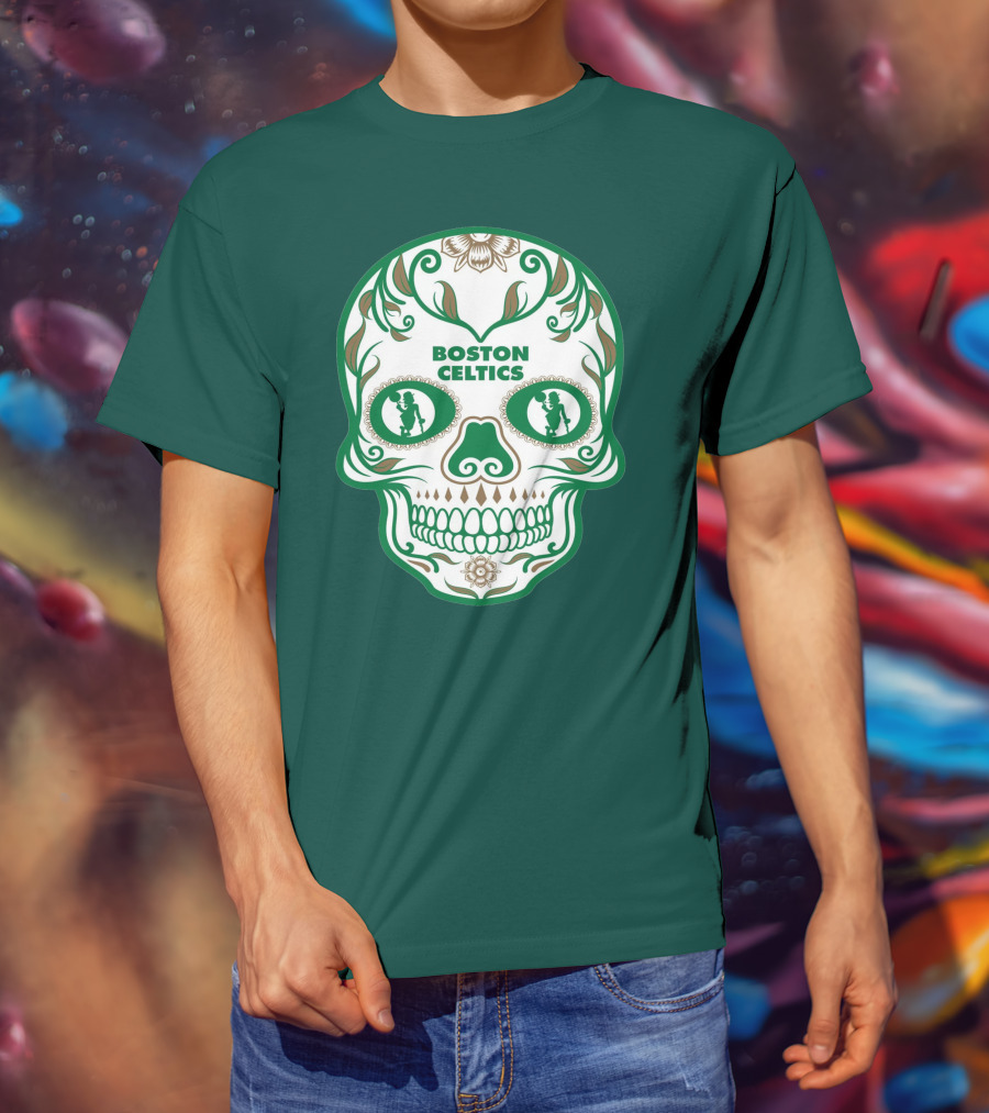 Boston Celtics Skull With Celtic Symbols And Basketball Mascot T-Shirt