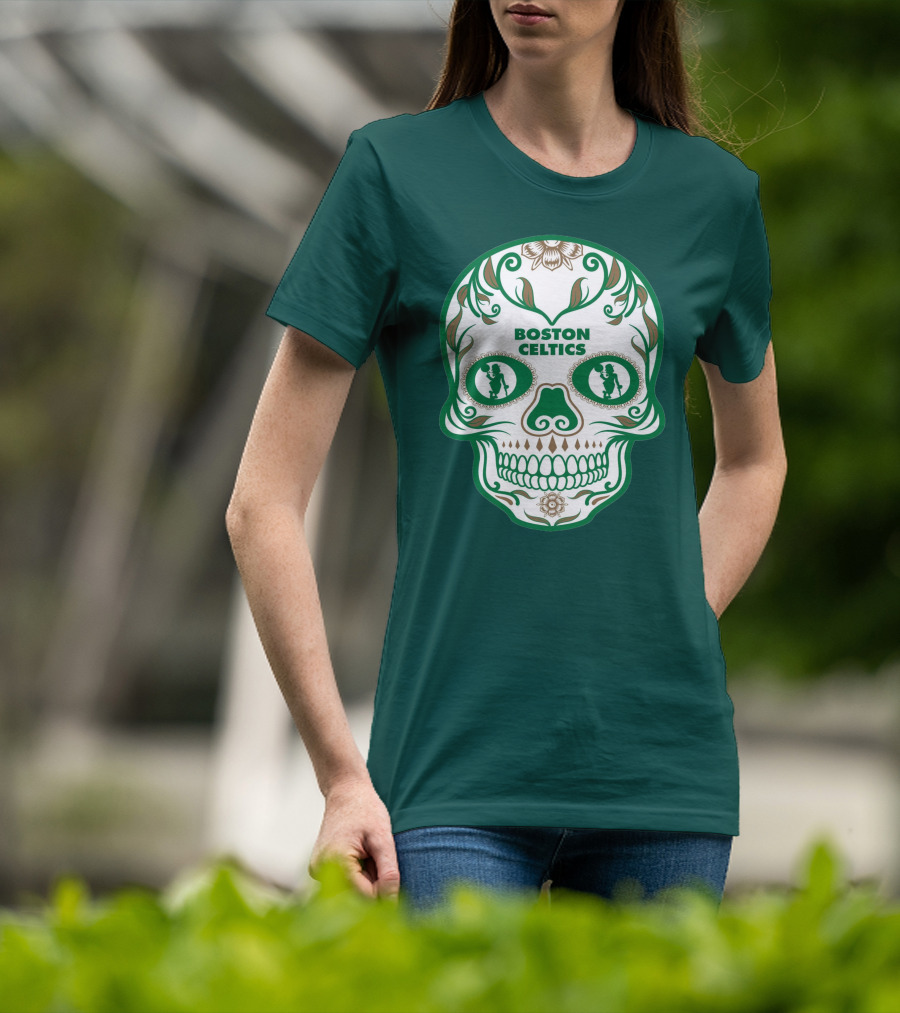Boston Celtics Skull With Celtic Symbols And Basketball Mascot T-Shirt