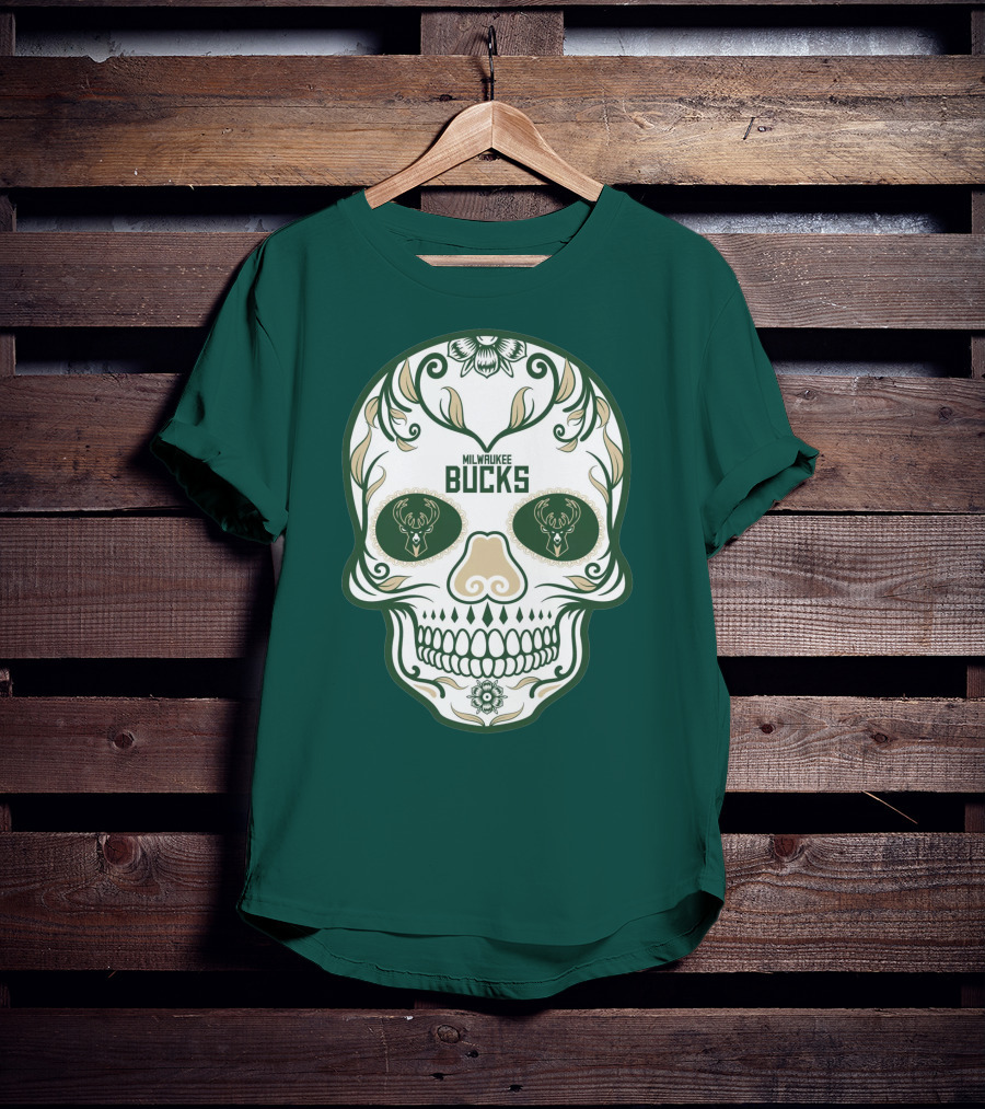 Milwaukee Bucks Skull Deer Logo Floral T-Shirt