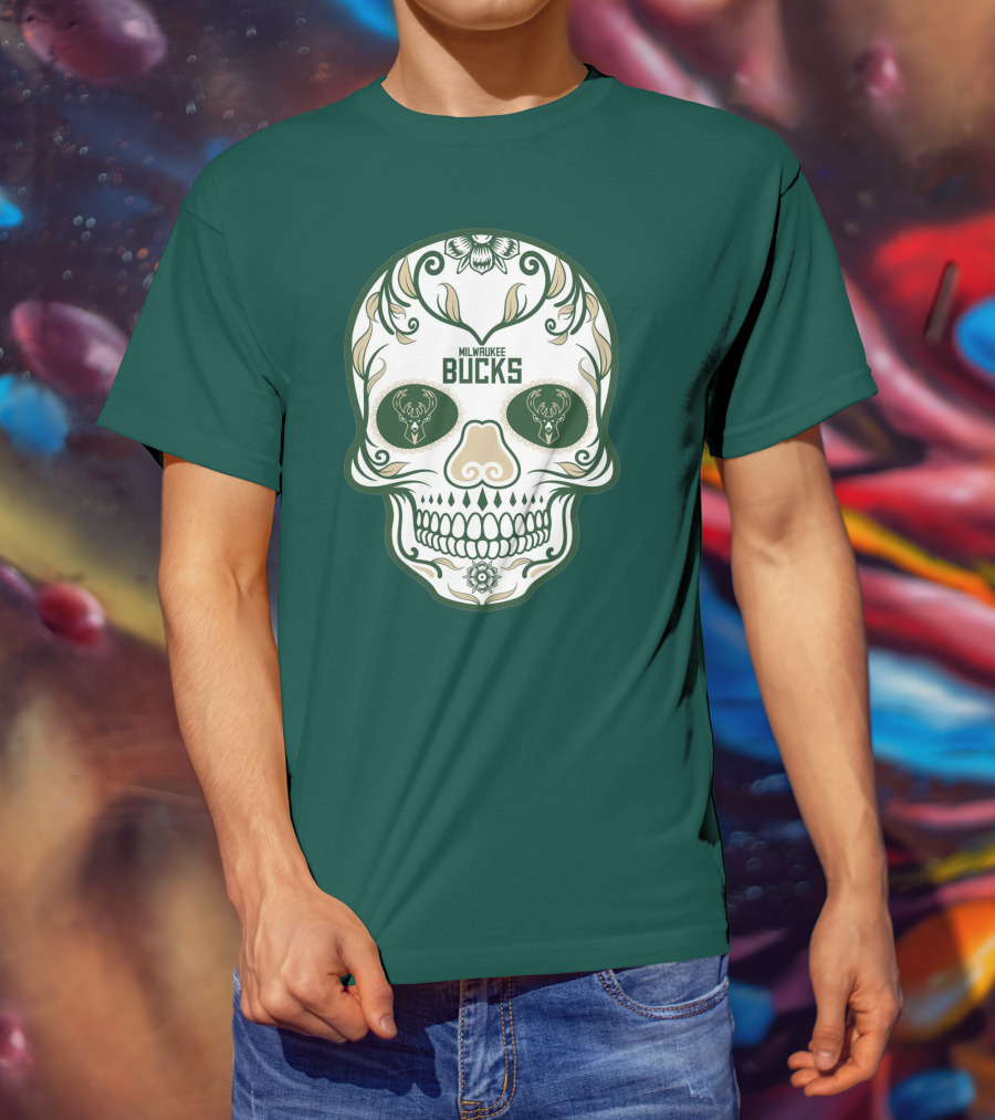 Milwaukee Bucks Skull Deer Logo Floral T-Shirt