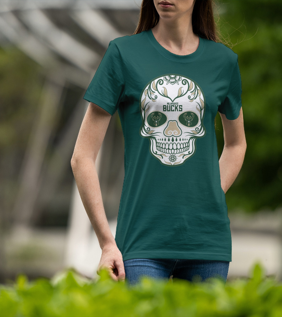 Milwaukee Bucks Skull Deer Logo Floral T-Shirt