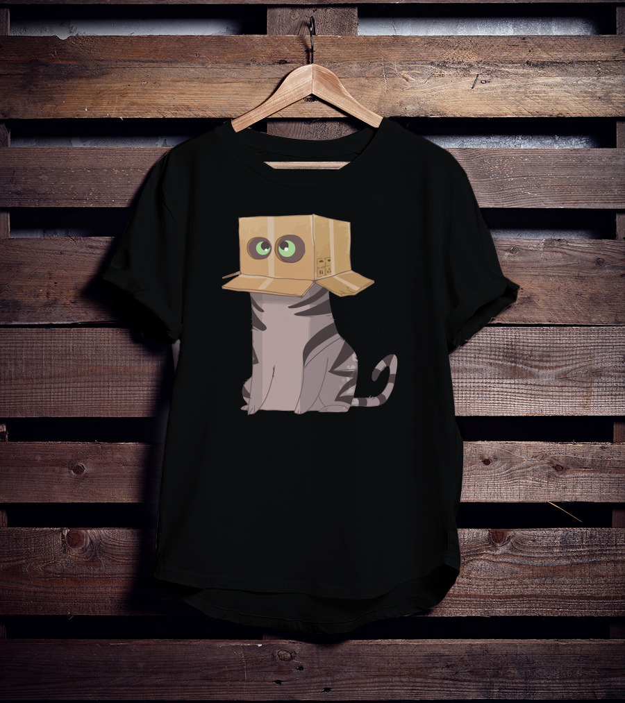 Cat In The Box With Big Eyes Wearing Cardboard Hat T-Shirt