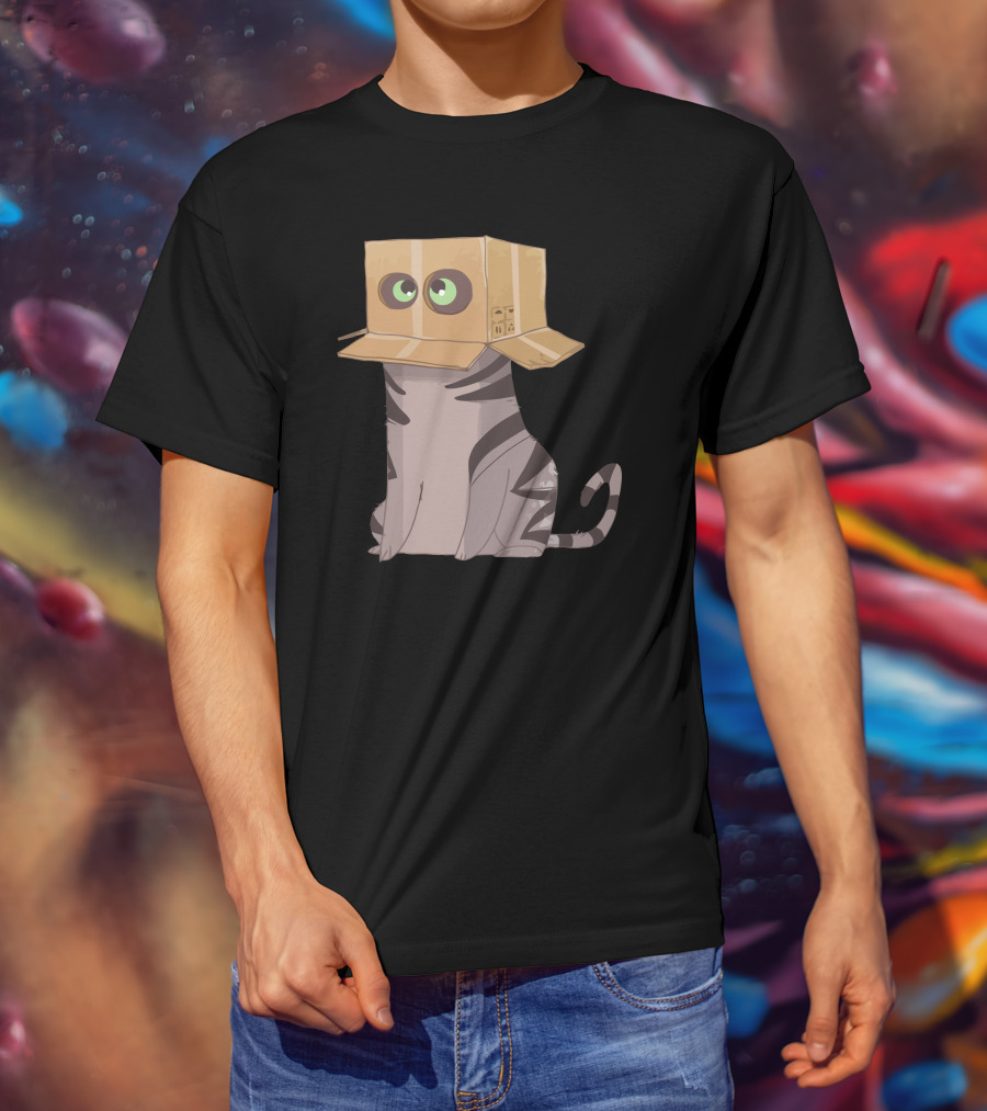 Cat In The Box With Big Eyes Wearing Cardboard Hat T-Shirt