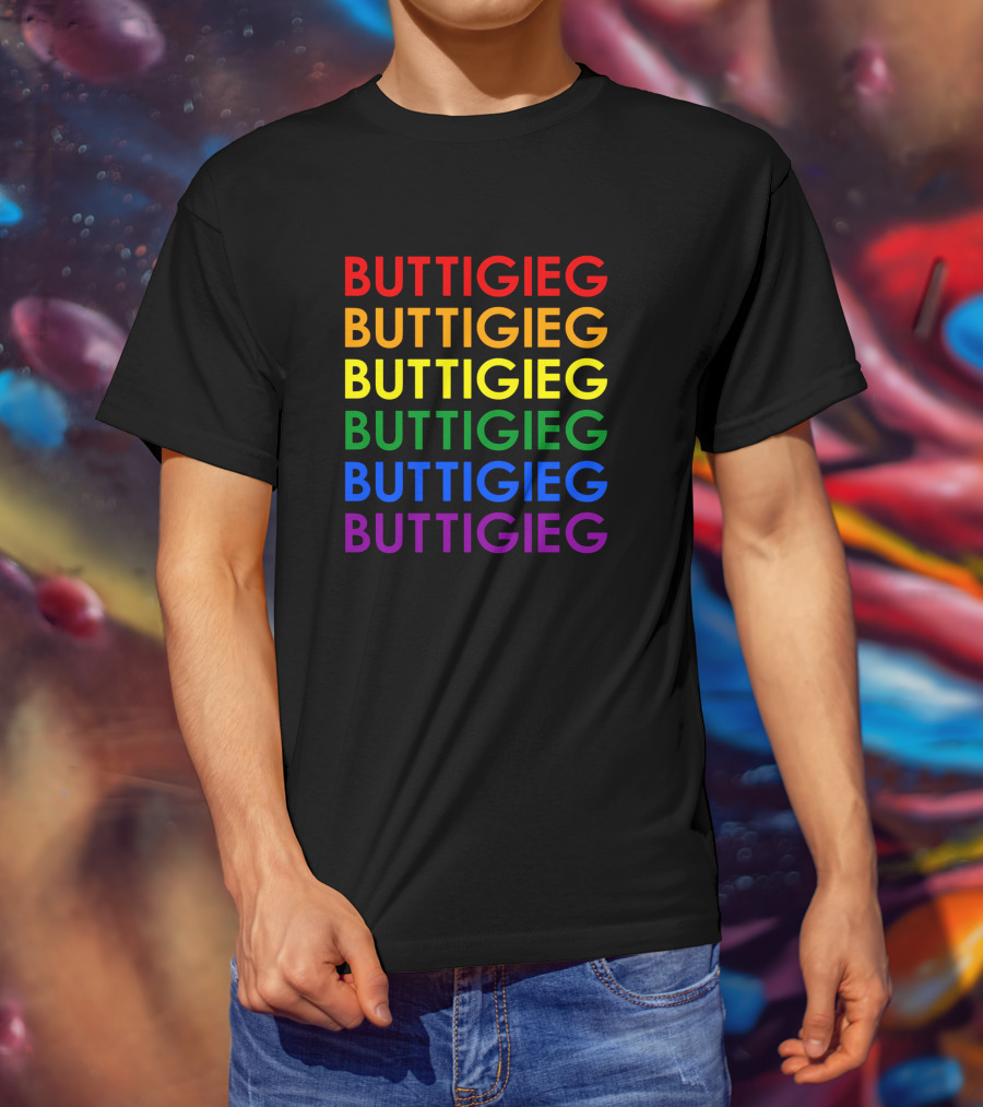 BUTTIGIEG Rainbow Pride Colors Text T-Shirt
