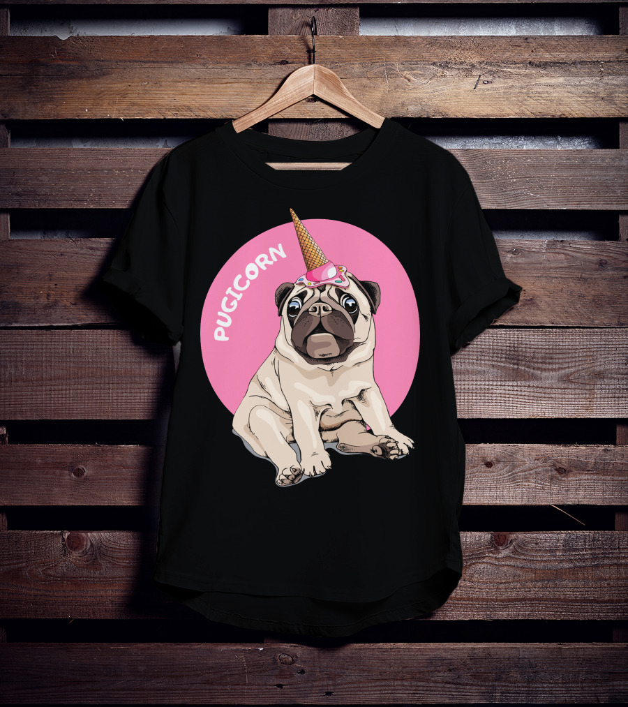 Pugicorn Ice Cream Cone Hat Sitting Pug Pink Circle T-Shirt