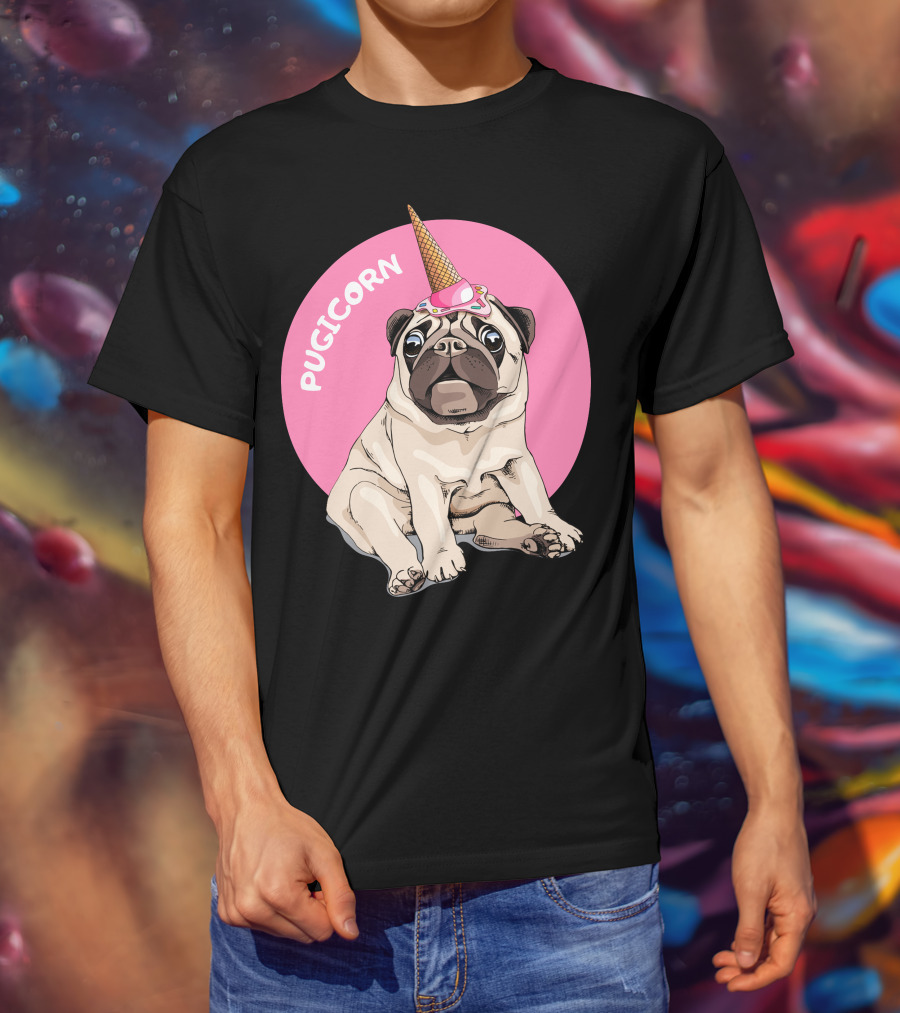 Pugicorn Ice Cream Cone Hat Sitting Pug Pink Circle T-Shirt