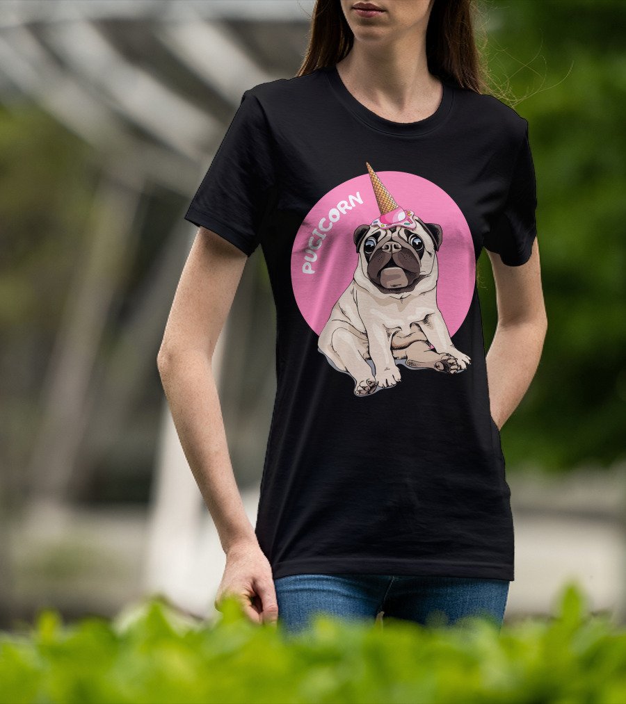 Pugicorn Ice Cream Cone Hat Sitting Pug Pink Circle T-Shirt