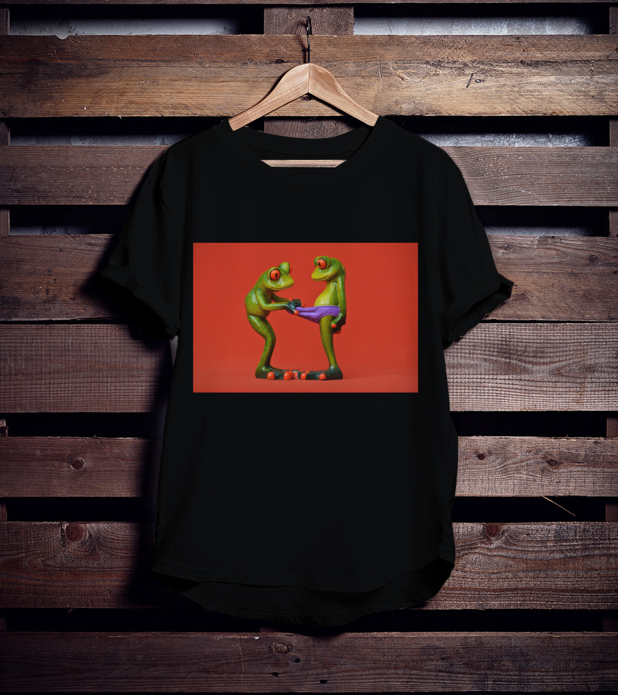 Quite Frog Green Figurines On Red Background With Purple Shorts T-Shirt