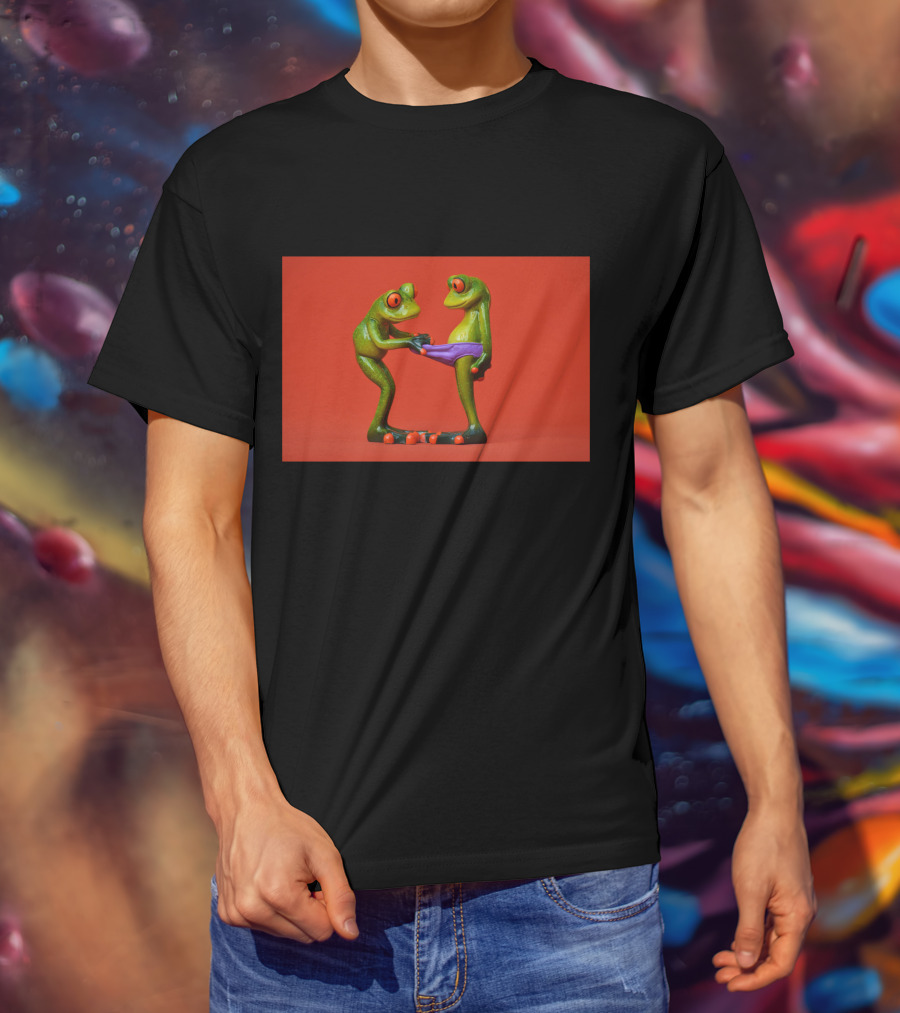 Quite Frog Green Figurines On Red Background With Purple Shorts T-Shirt