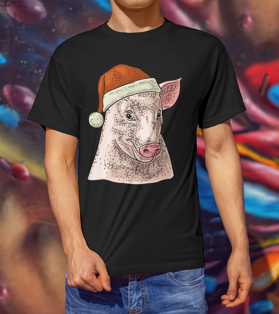 Pig In Santa Claus Cap Christmas T-Shirt