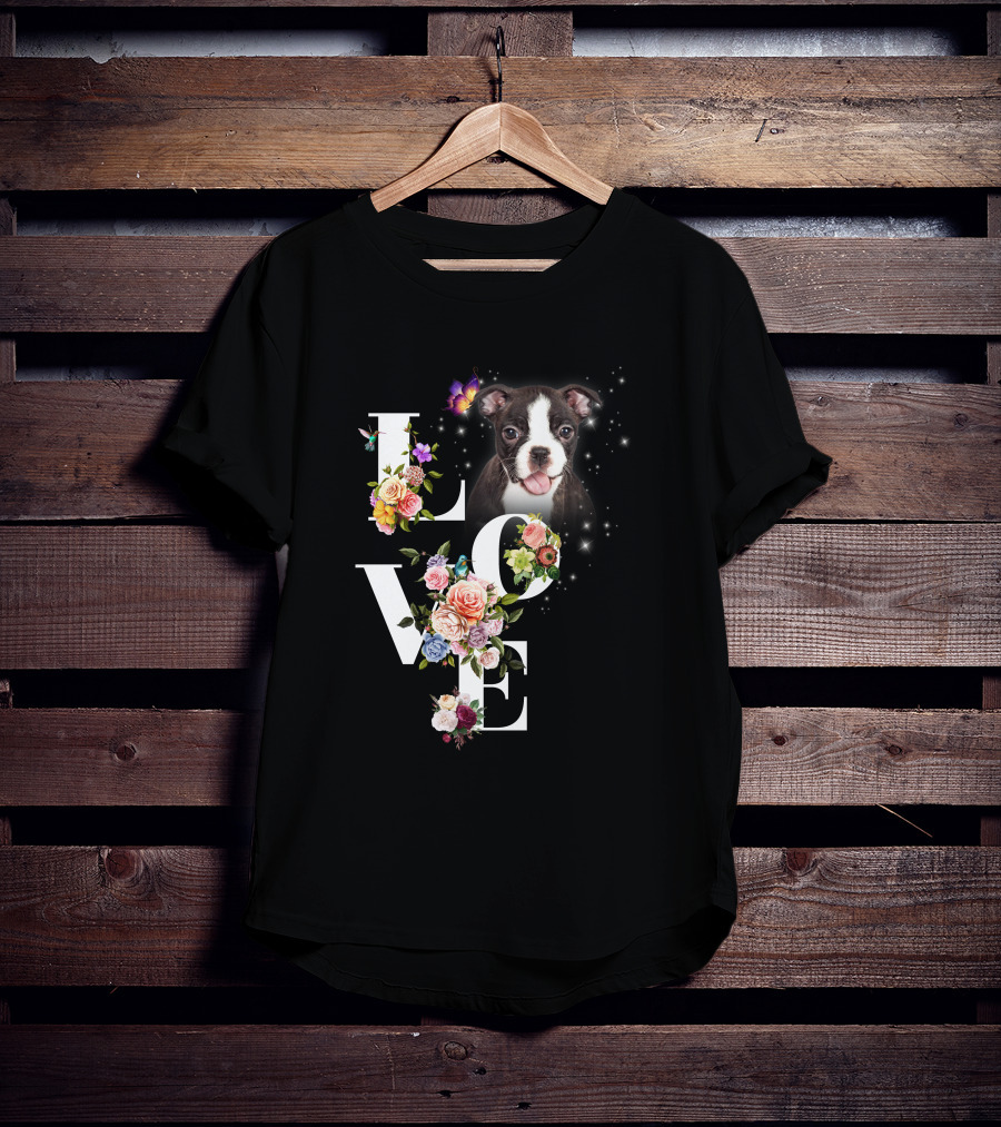 LOVE Boston Terrier Floral Butterfly T-Shirt