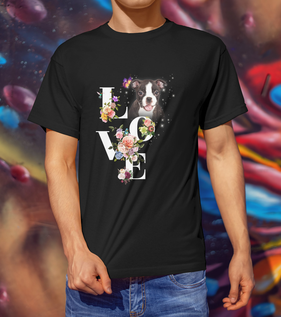 LOVE Boston Terrier Floral Butterfly T-Shirt
