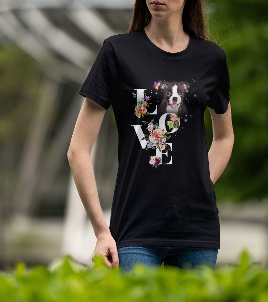 LOVE Boston Terrier Floral Butterfly T-Shirt