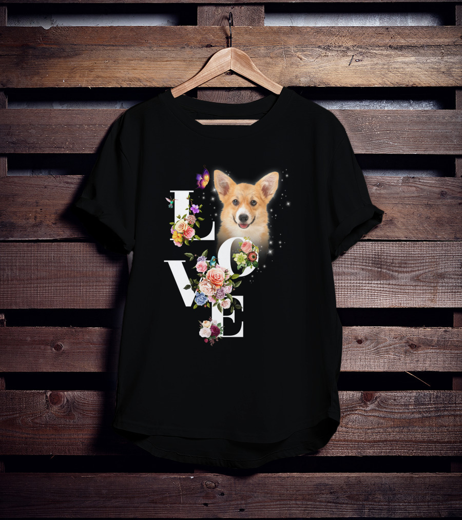 Love Corgi Floral Butterflies Sparkle T-Shirt