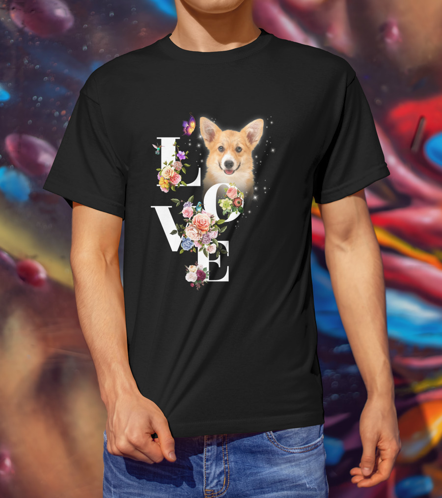 Love Corgi Floral Butterflies Sparkle T-Shirt