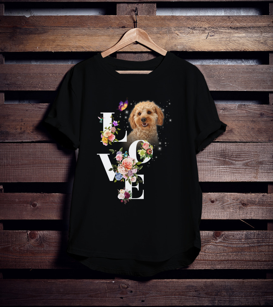 LOVE Goldendoodle Floral Butterfly Sparkle T-Shirt