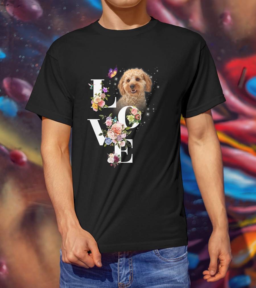 LOVE Goldendoodle Floral Butterfly Sparkle T-Shirt