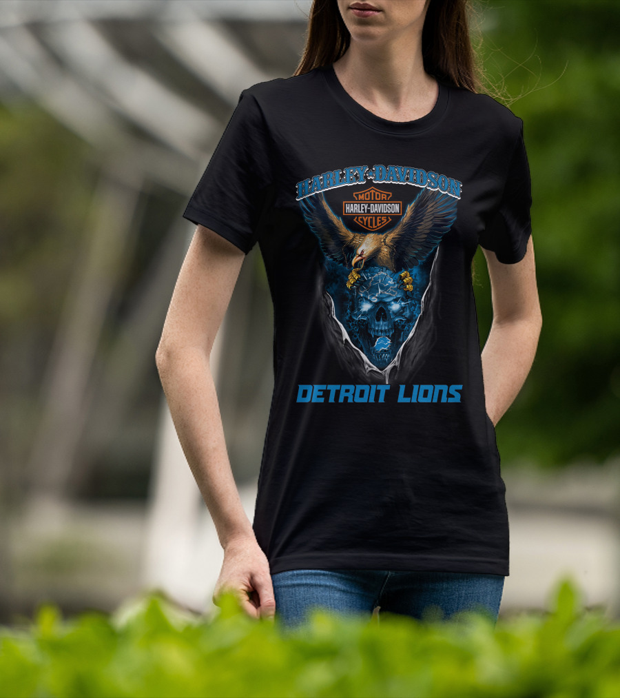 Harley Davidson Motor Cycles Detroit Lions Eagle Skull T-Shirt