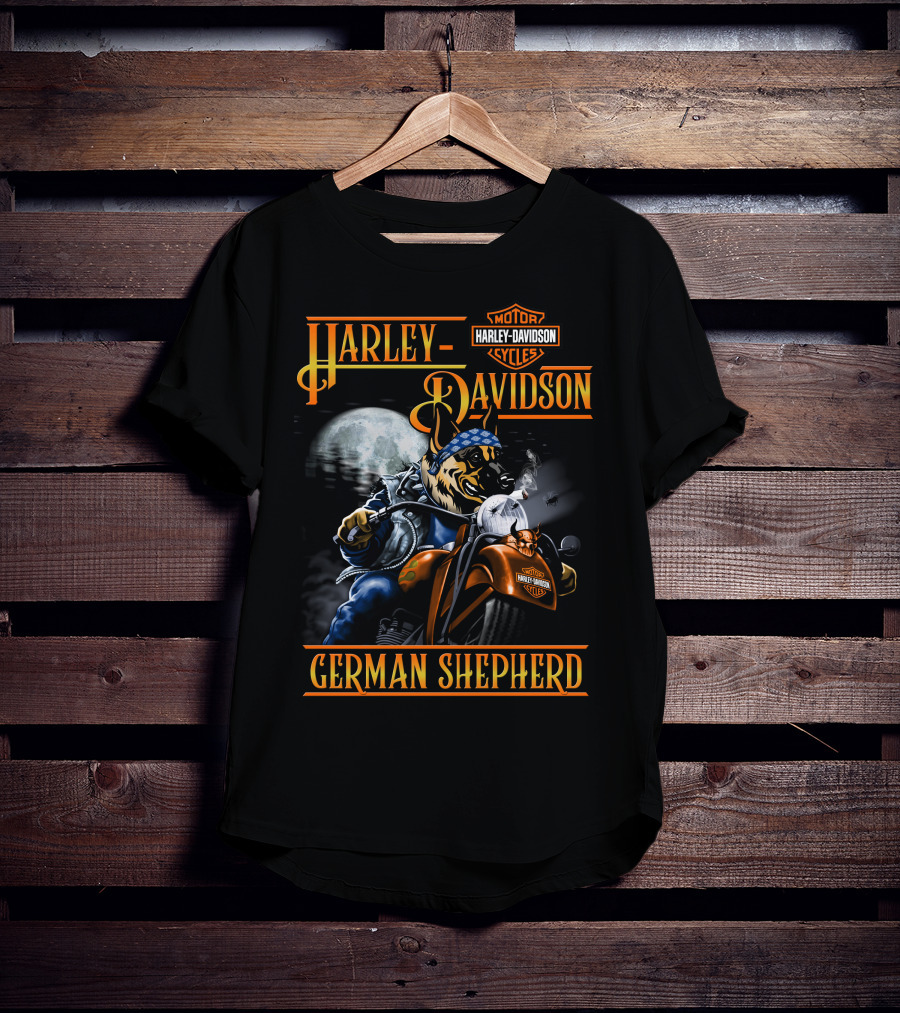 Harley Davidson Motor Cycles German Shepherd Riding Motorcycle Full Moon T-Shirt