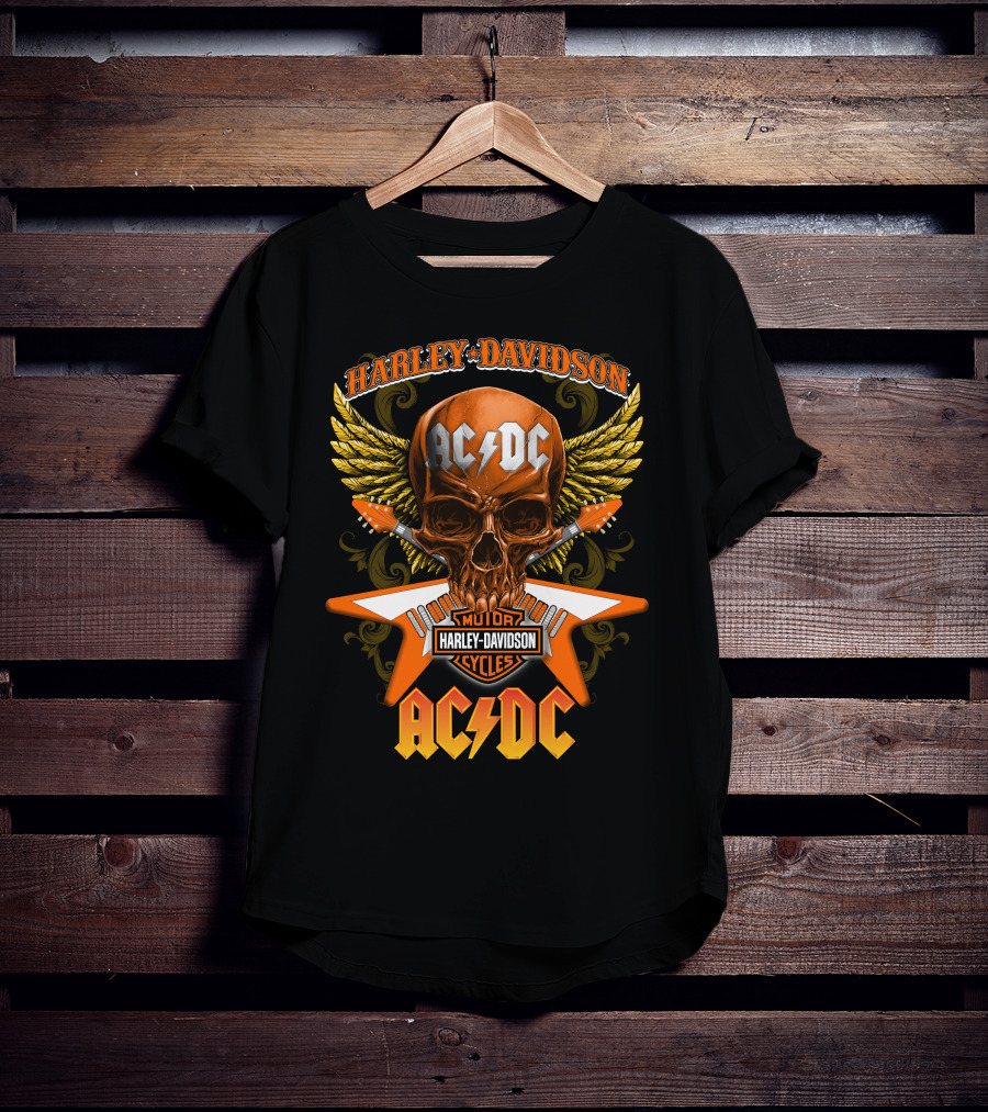 Harley Davidson Ac/Dc Motor Cycles Skull Wings T-Shirt