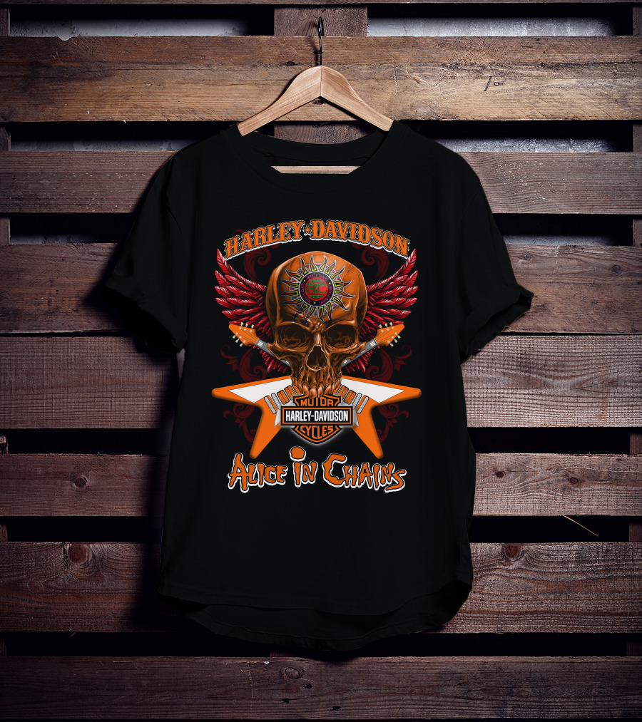 Harley Davidson Motor Cycles Skull Wings Alice In Chains T-Shirt