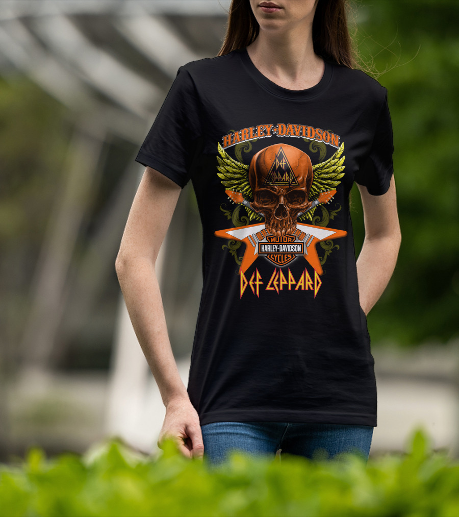 Harley Davidson Motorcycles Def Leppard Skull Wings Guitar T-Shirt