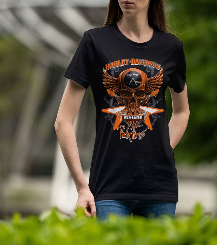 Harley Davidson Pink Floyd Skull Design With Prism And Wings T-Shirt